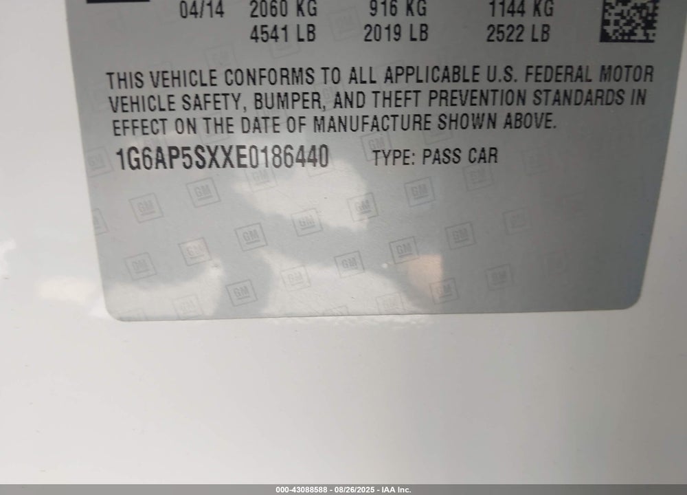 2014 CADILLAC CTS STANDARD VIN: 1G6AP5SXXE0186440