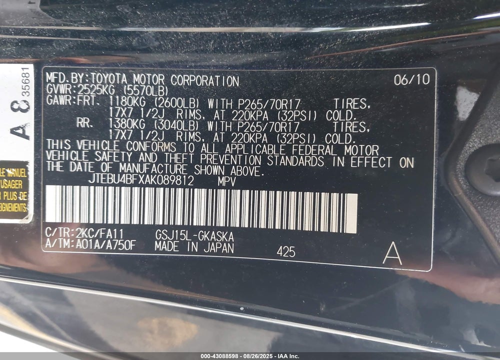 2010 TOYOTA FJ CRUISER VIN: JTEBU4BFXAK089812