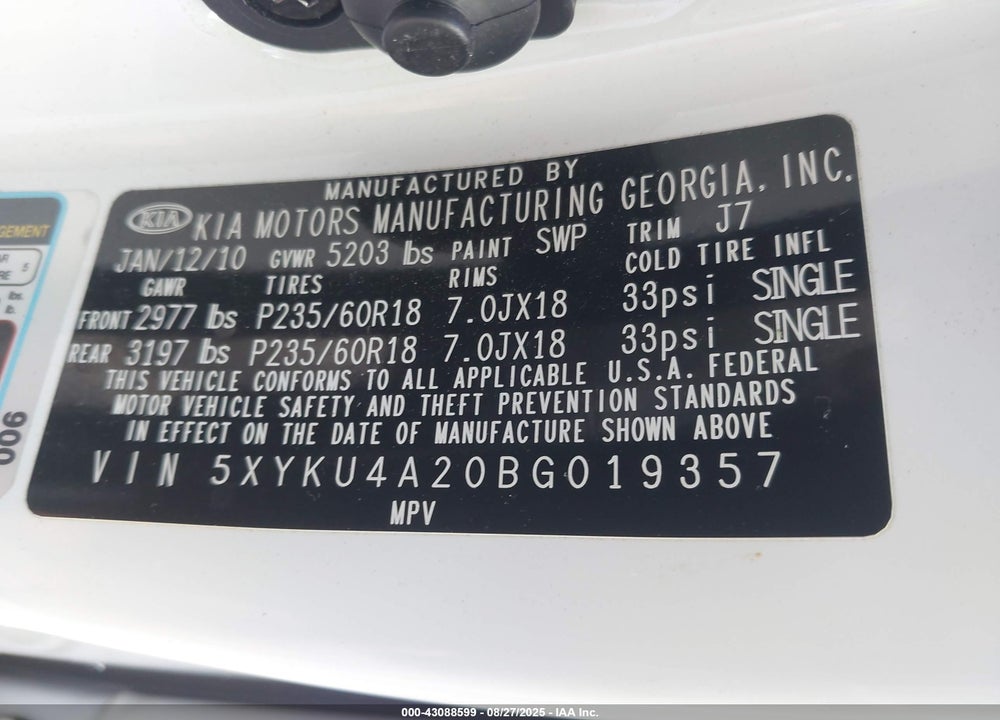 2011 KIA SORENTO VIN: 5XYKU4A20BG019357