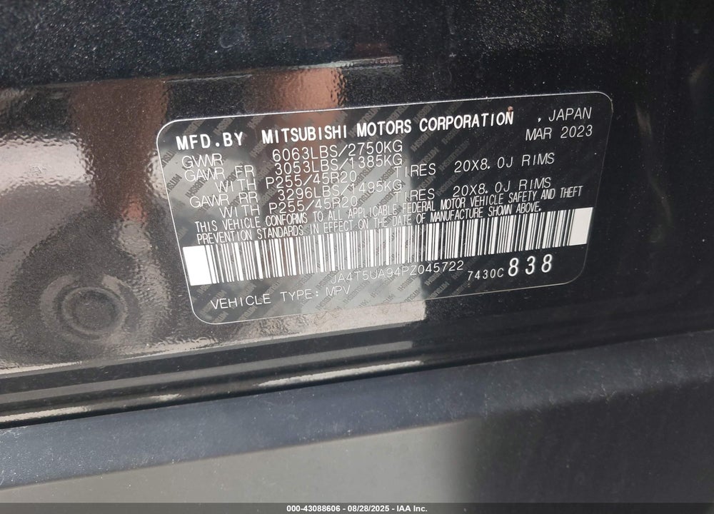 2023 MITSUBISHI OUTLANDER VIN: JA4T5UA94PZ045722