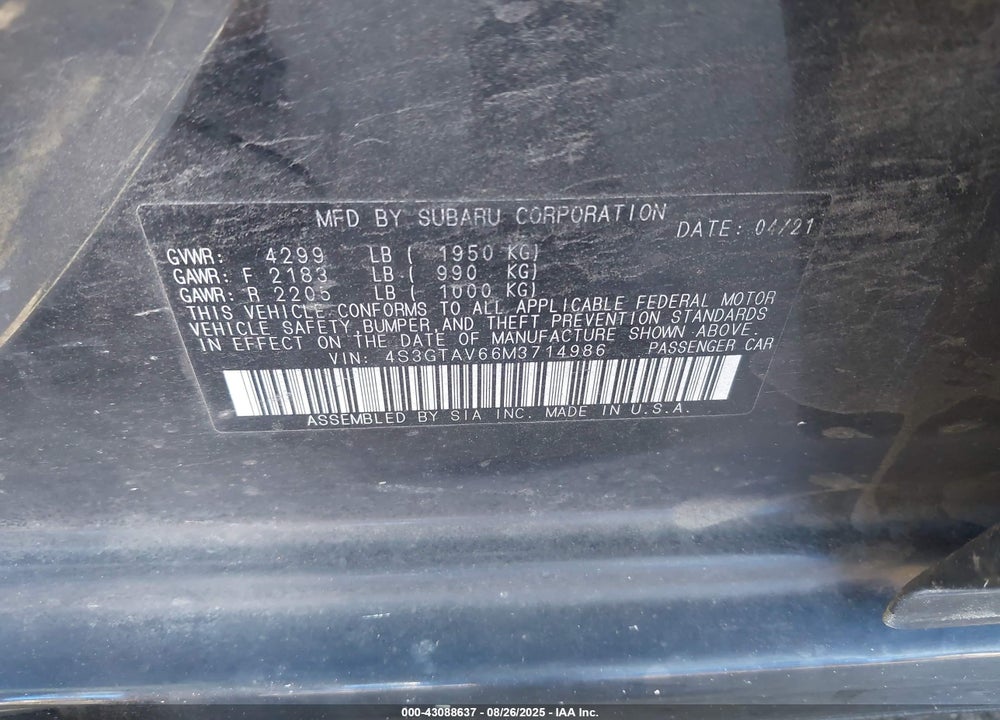 2021 SUBARU IMPREZA VIN: 4S3GTAV66M3714986