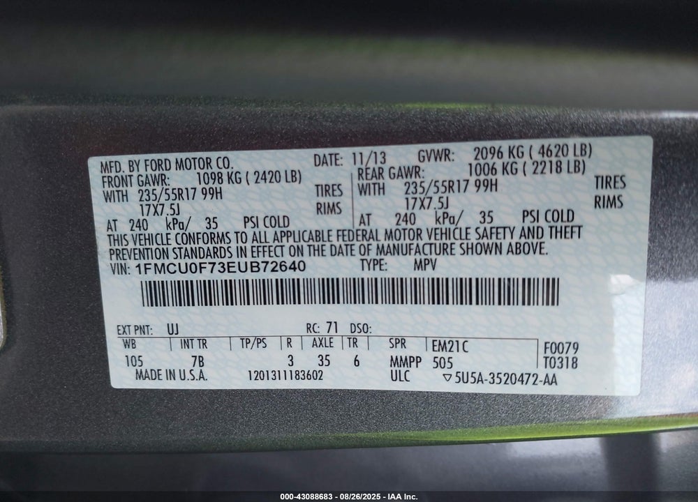 2014 FORD ESCAPE VIN: 1FMCU0F73EUB72640