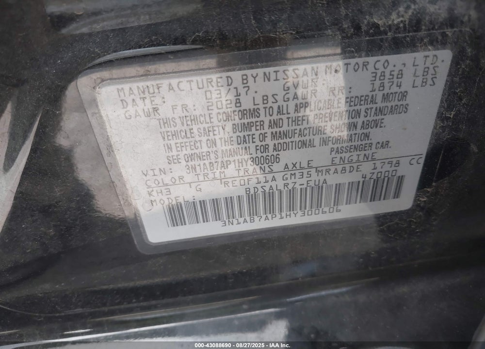 2017 NISSAN SENTRA VIN: 3N1AB7AP1HY300606