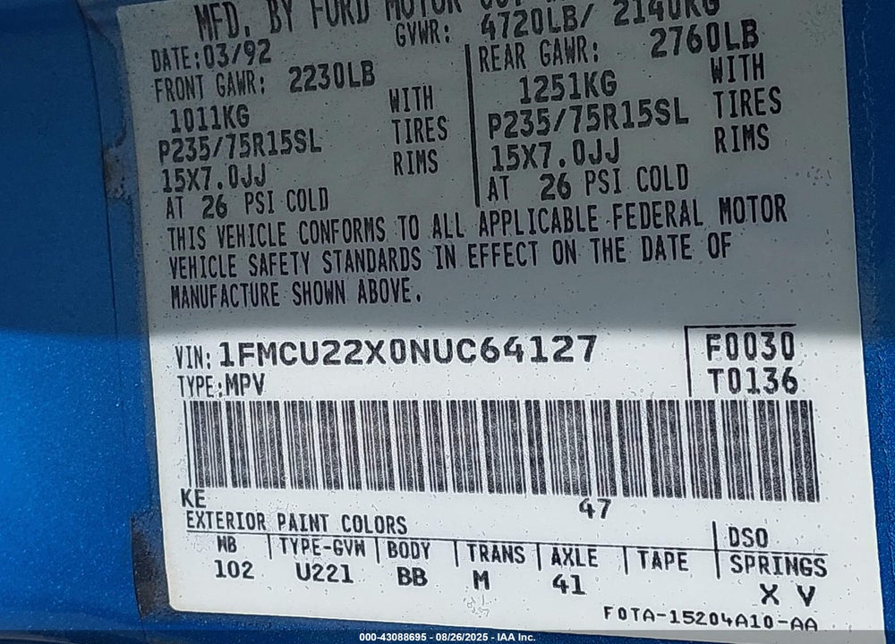 1992 FORD EXPLORER VIN: 1FMCU22X0NUC64127