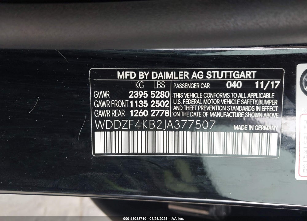 2018 MERCEDES-BENZ E-CLASS VIN: WDDZF4KB2JA377507