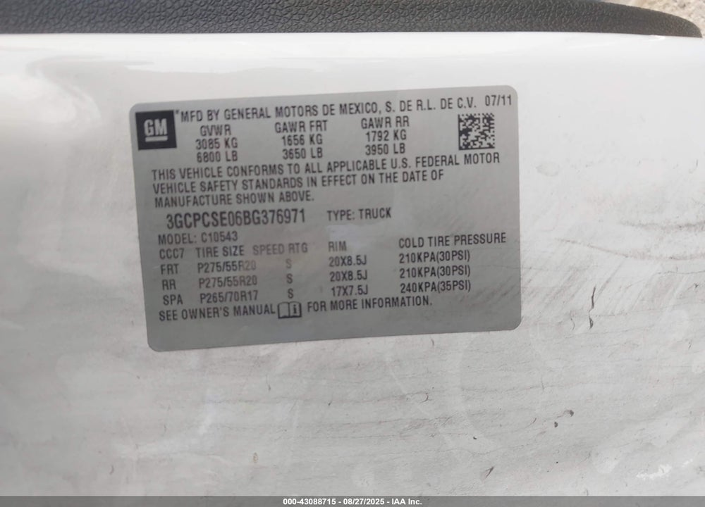 2011 CHEVROLET SILVERADO 1500 VIN: 3GCPCSE06BG376971