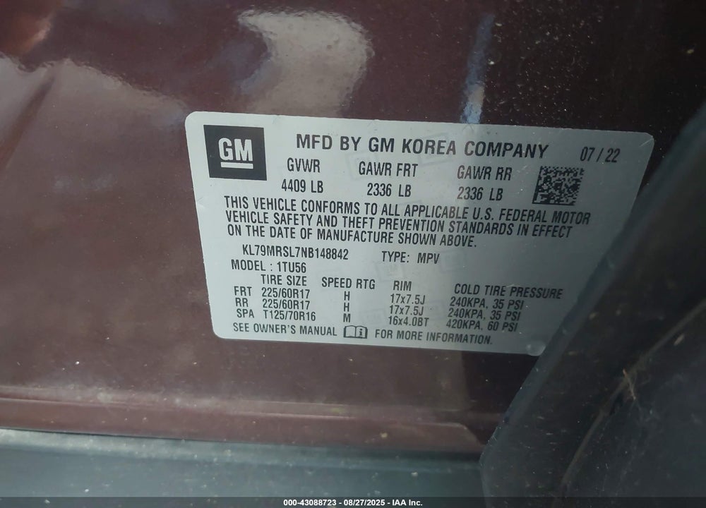 2022 CHEVROLET TRAILBLAZER VIN: KL79MRSL7NB148842