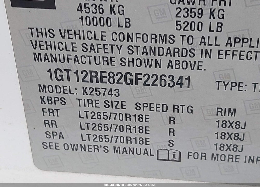 2016 GMC SIERRA 2500HD VIN: 1GT12RE82GF226341