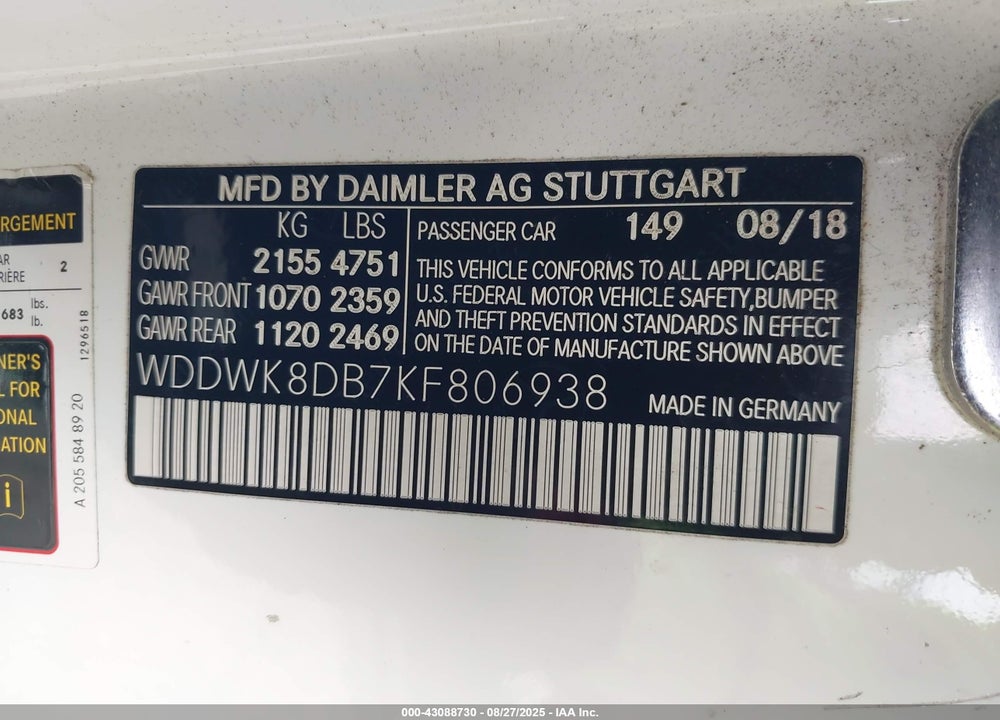 2019 MERCEDES-BENZ C CLASS VIN: WDDWK8DB7KF806938