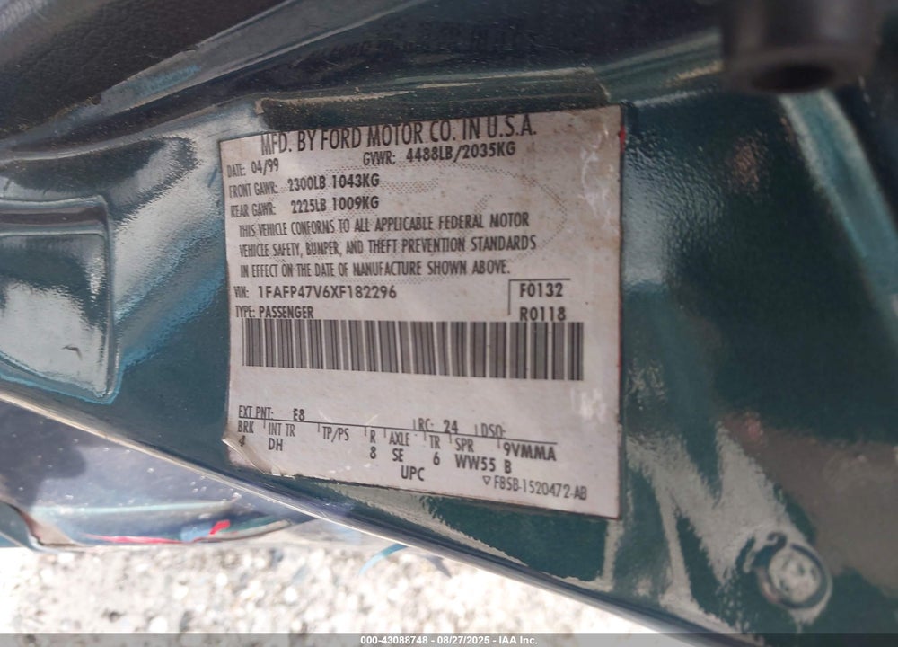 1999 FORD MUSTANG COBRA VIN: 1FAFP47V6XF182296