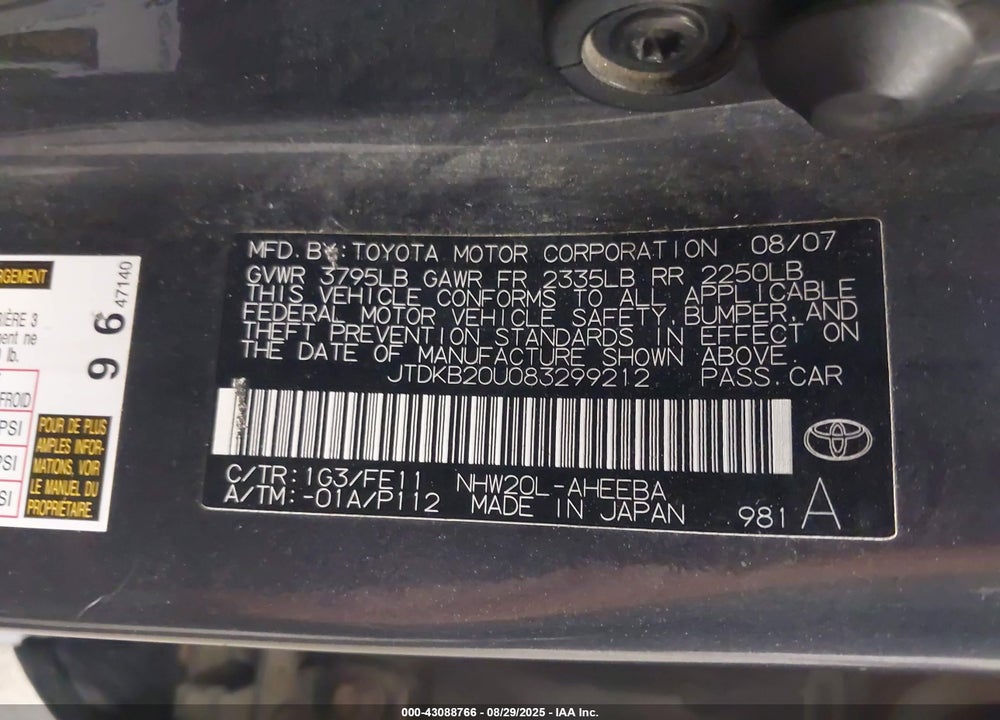 2008 TOYOTA PRIUS VIN: JTDKB20U083299212