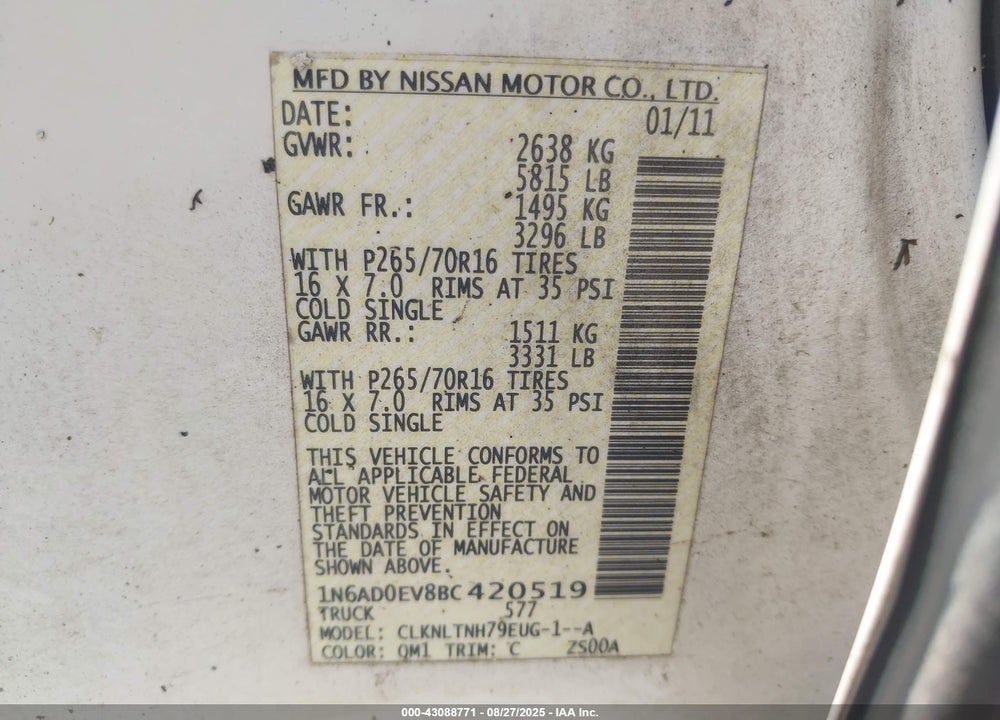 2011 NISSAN FRONTIER VIN: 1N6AD0EV8BC420519