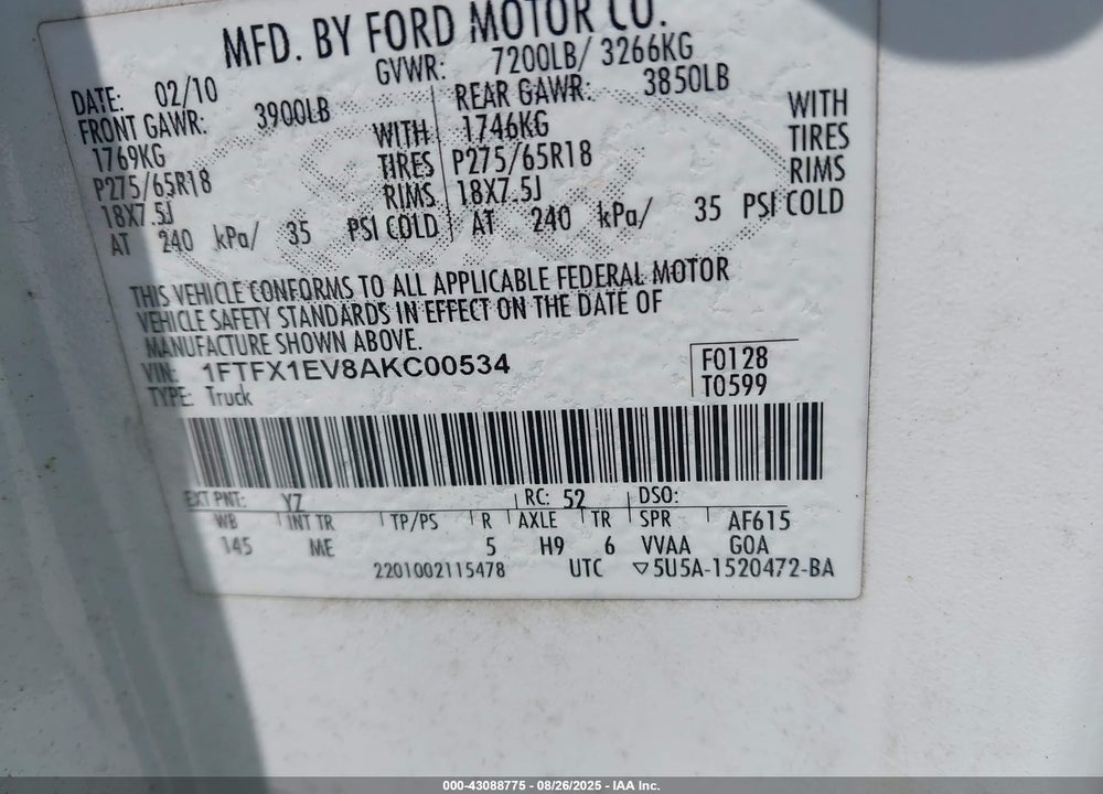 2010 FORD F-150 VIN: 1FTFX1EV8AKC00534