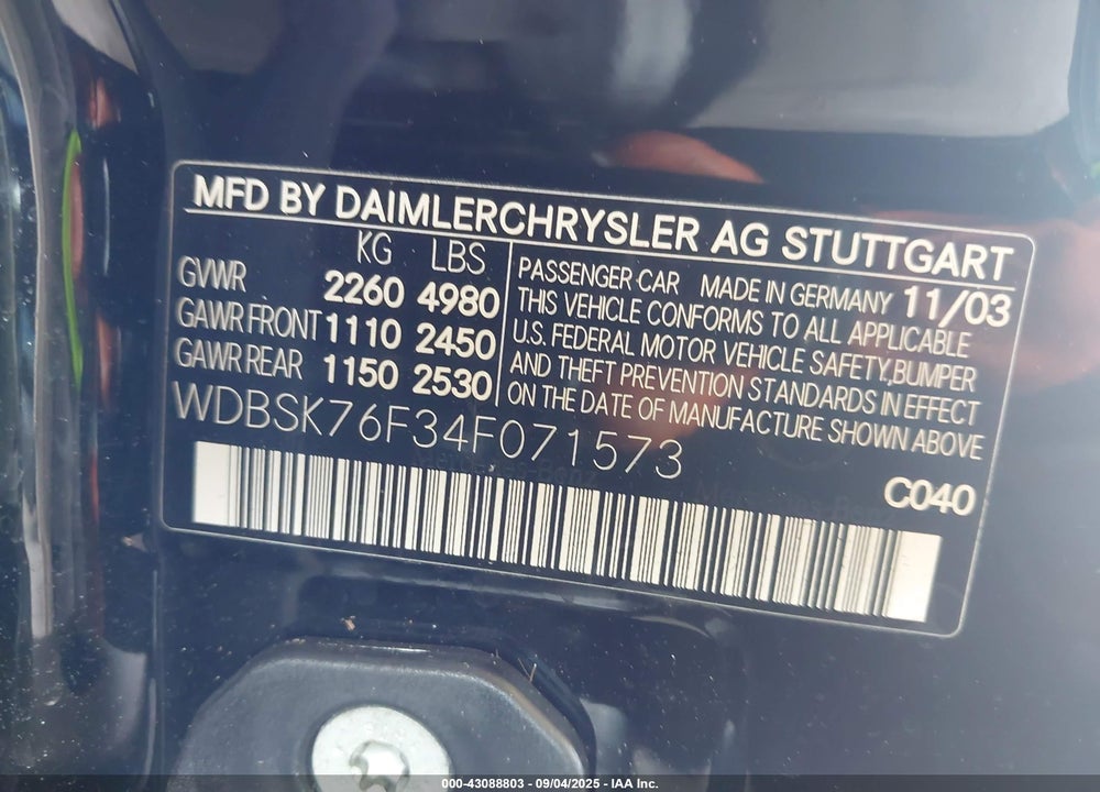 2004 MERCEDES-BENZ SL 600 VIN: WDBSK76F34F071573