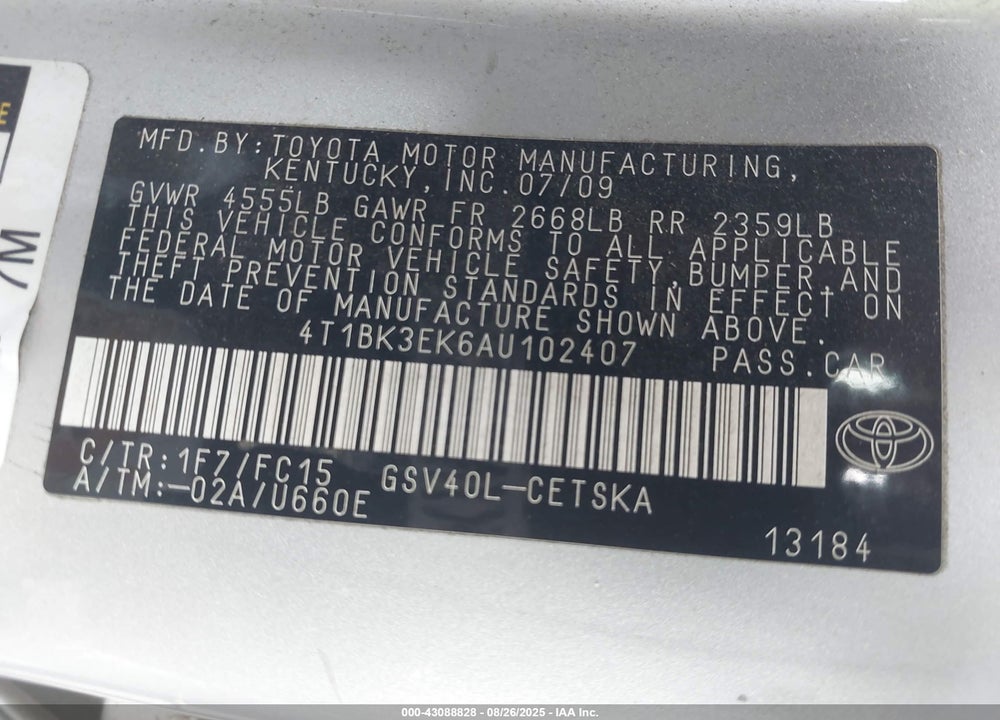 2010 TOYOTA CAMRY SE V6 VIN: 4T1BK3EK6AU102407