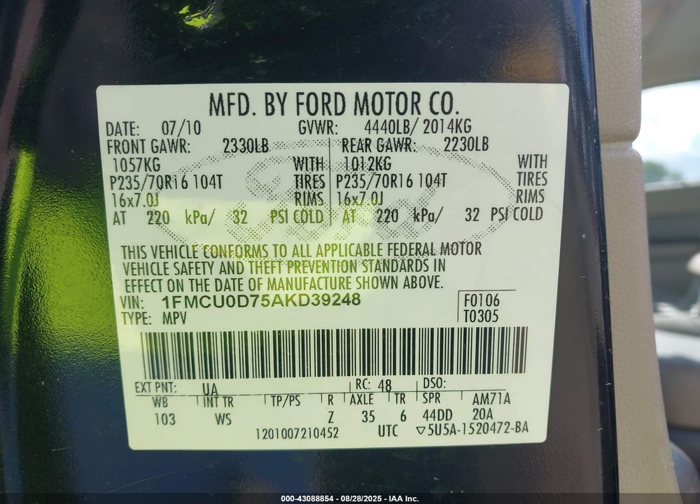 2010 FORD ESCAPE XLT VIN: 1FMCU0D75AKD39248