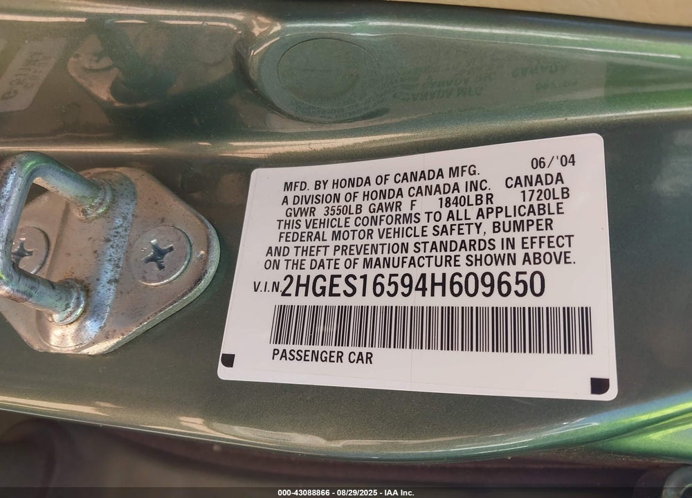 2004 HONDA CIVIC LX VIN: 2HGES16594H609650
