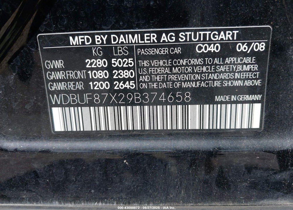 2009 MERCEDES-BENZ E-CLASS VIN: WDBUF87X29B374658