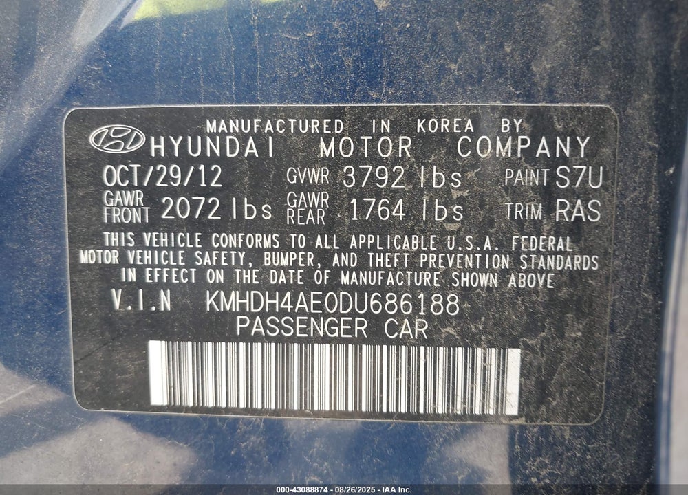 2013 HYUNDAI ELANTRA VIN: KMHDH4AE0DU686188