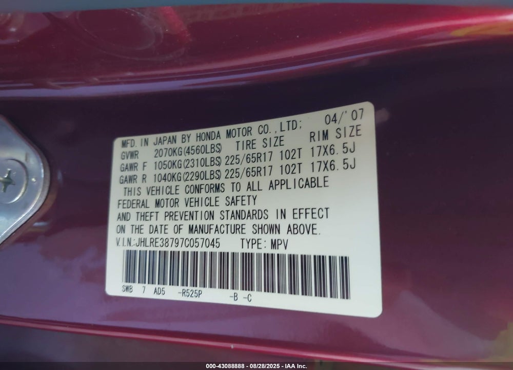 2007 HONDA CR-V VIN: JHLRE38797C057045