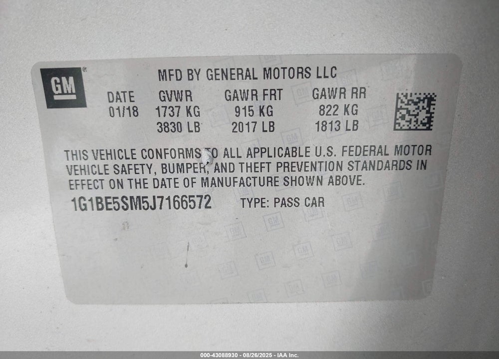2018 CHEVROLET CRUZE VIN: 1G1BE5SM5J7166572