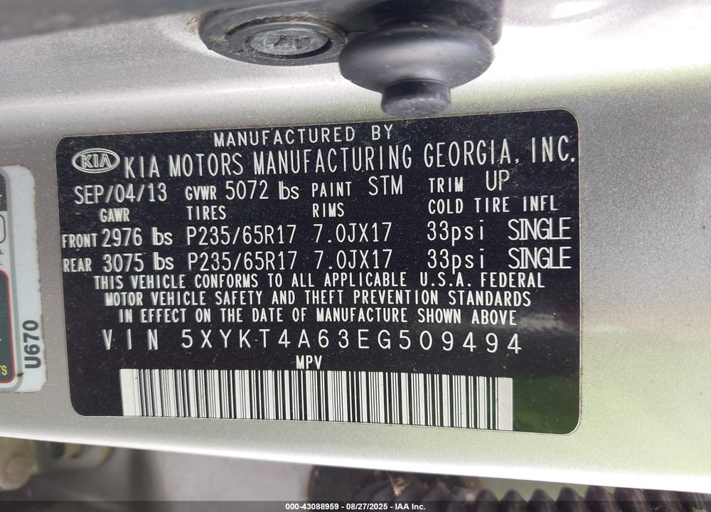 2014 KIA SORENTO LX VIN: 5XYKT4A63EG509494