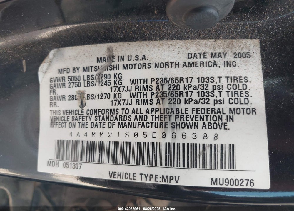 2005 MITSUBISHI ENDEAVOR LS VIN: 4A4MM21S05E066388