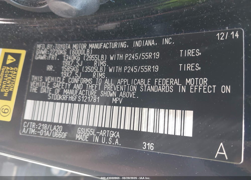 2015 TOYOTA HIGHLANDER VIN: 5TDDKRFH6FS121781