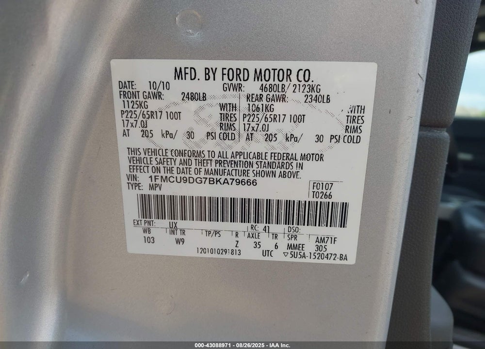 2011 FORD ESCAPE XLT VIN: 1FMCU9DG7BKA79666