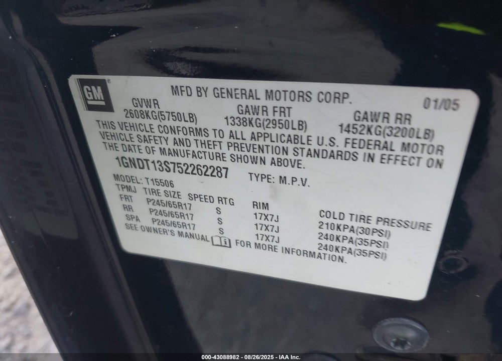 2005 CHEVROLET TRAILBLAZER LT VIN: 1GNDT13S752262287