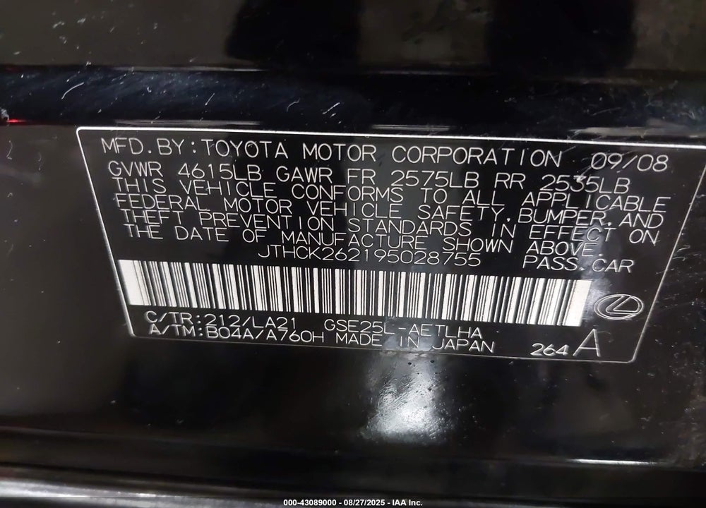 2009 LEXUS IS 250 VIN: JTHCK262195028755