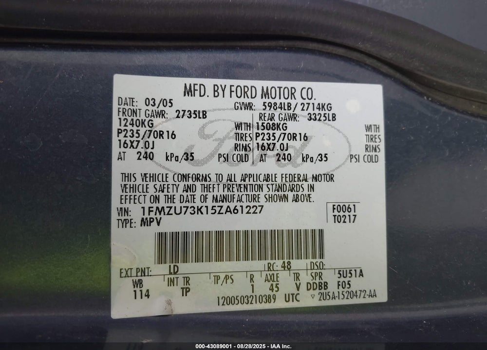 2005 FORD EXPLORER XLT/XLT SPORT VIN: 1FMZU73K15ZA61227