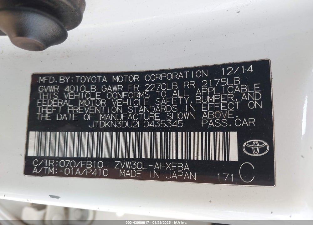 2015 TOYOTA PRIUS VIN: JTDKN3DU2F0435345