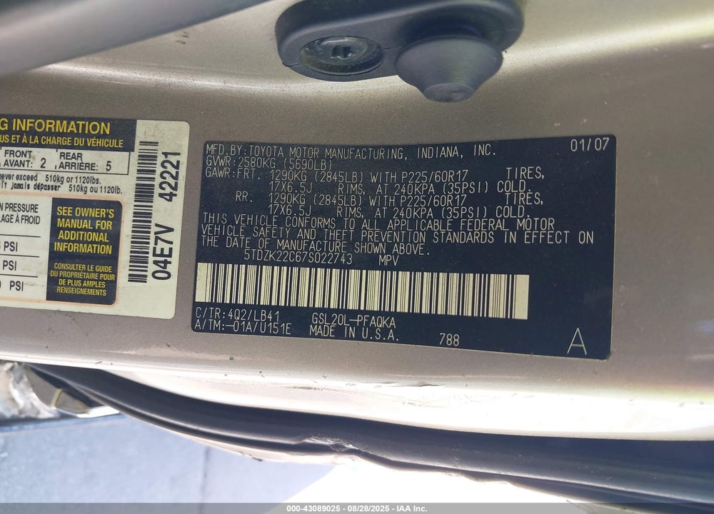 2007 TOYOTA SIENNA XLE LIMITED VIN: 5TDZK22C67S022743