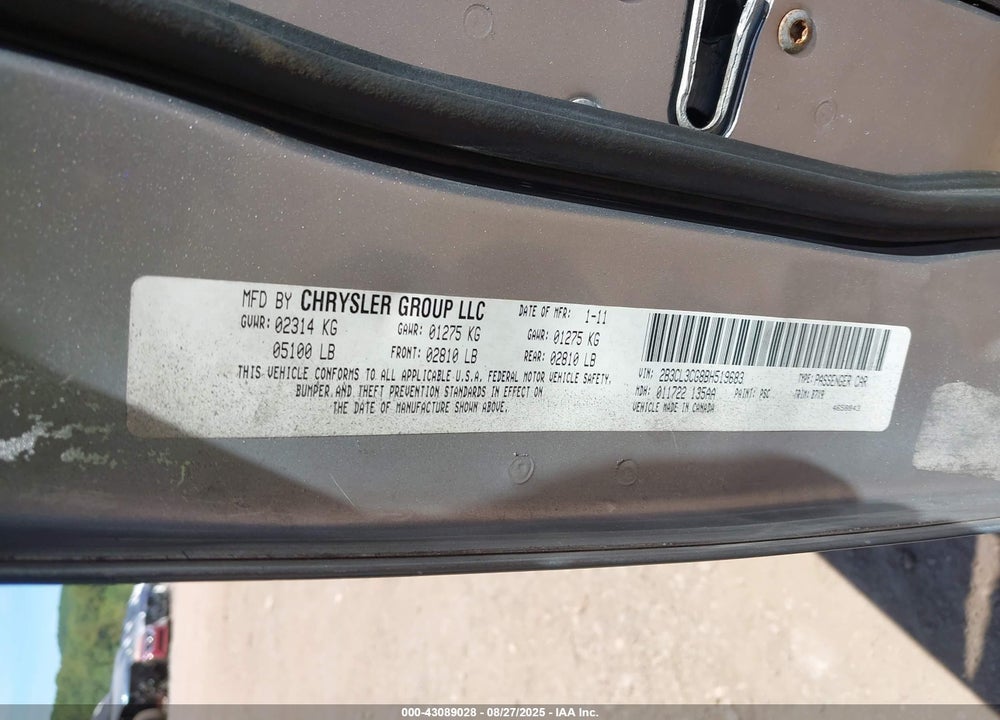 2011 DODGE CHARGER VIN: 2B3CL3CG8BH519683