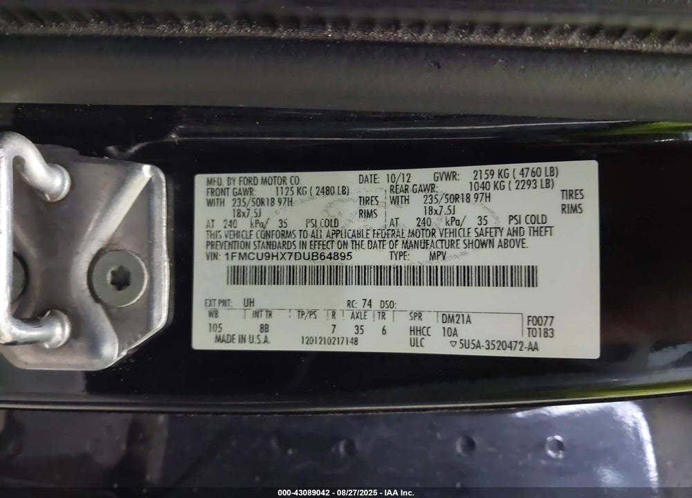 2013 FORD ESCAPE VIN: 1FMCU9HX7DUB64895