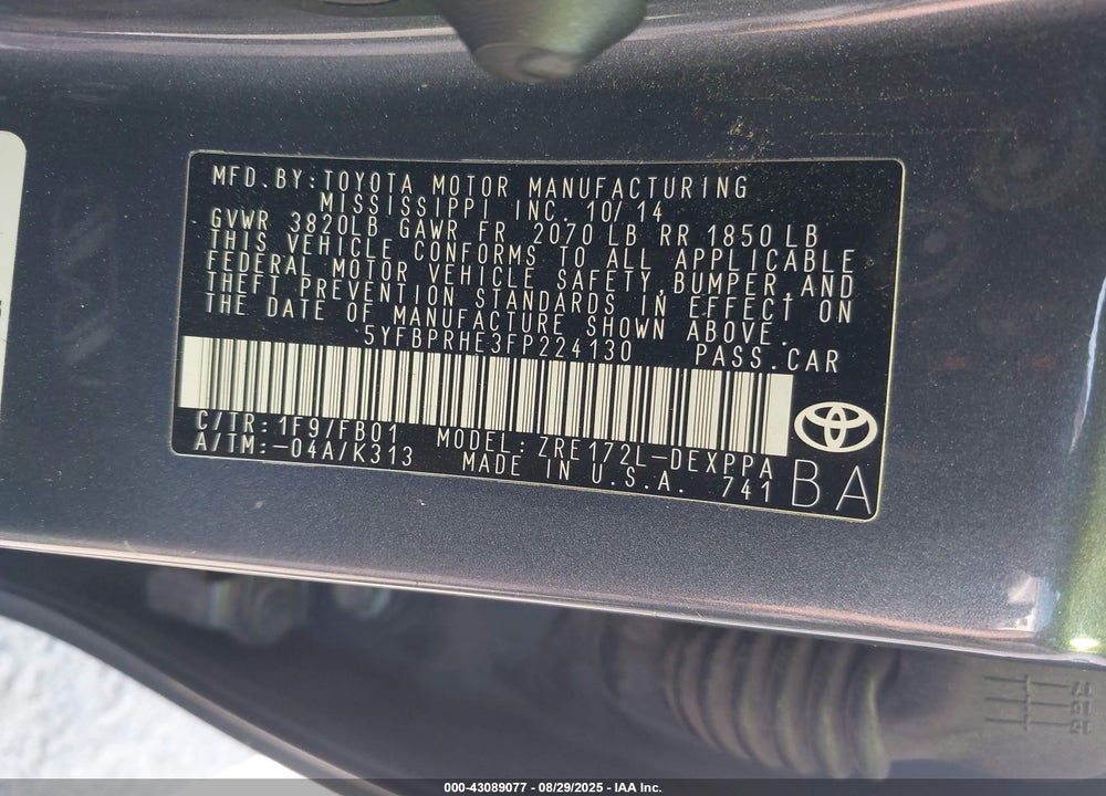 2015 TOYOTA COROLLA VIN: 5YFBPRHE3FP224130