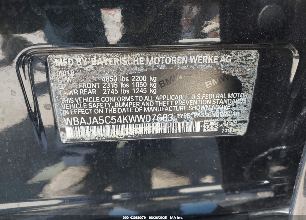 2019 BMW 5 SERIES VIN: WBAJA5C54KWW07683