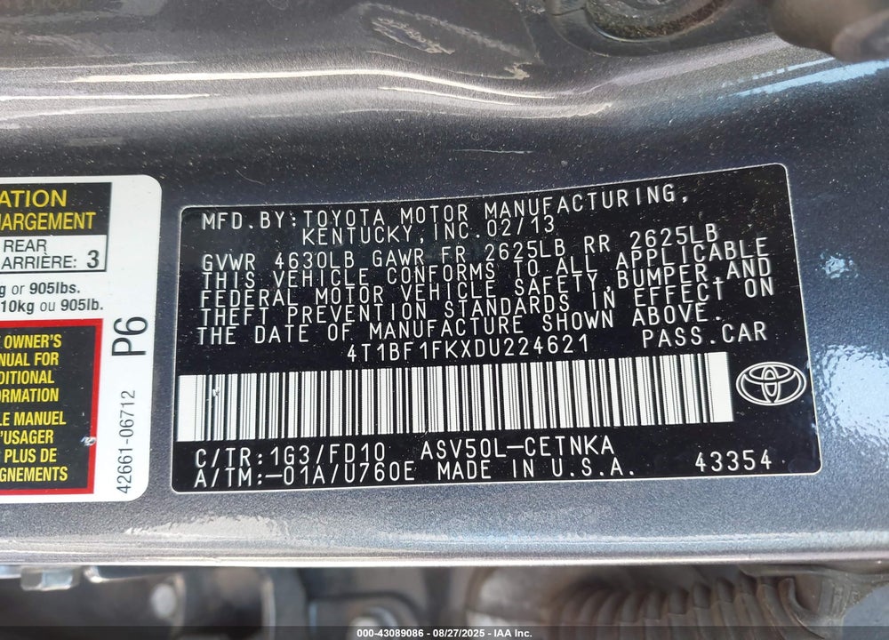 2013 TOYOTA CAMRY VIN: 4T1BF1FKXDU224621
