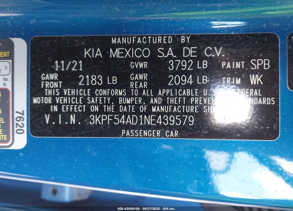 2022 KIA FORTE VIN: 3KPF54AD1NE439579