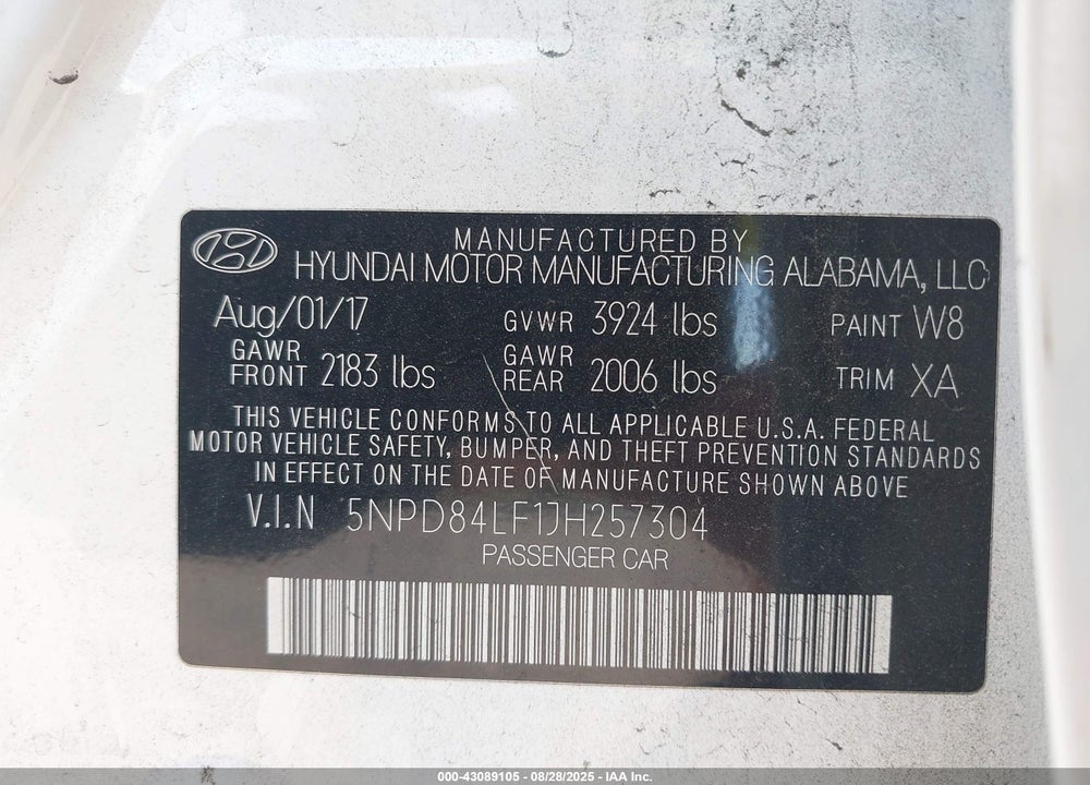 2018 HYUNDAI ELANTRA VIN: 5NPD84LF1JH257304