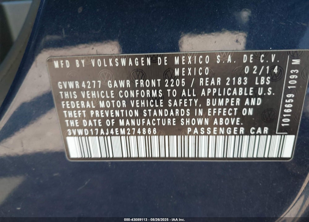 2014 VOLKSWAGEN JETTA VIN: 3VWD17AJ4EM274866