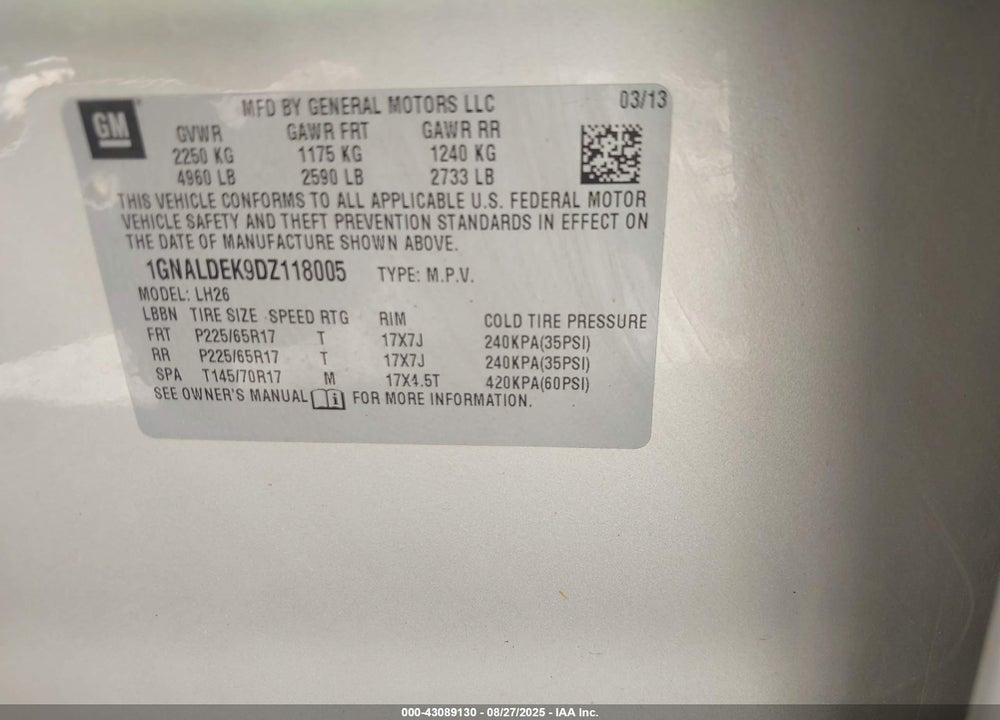 2013 CHEVROLET EQUINOX 1LT VIN: 1GNALDEK9DZ118005