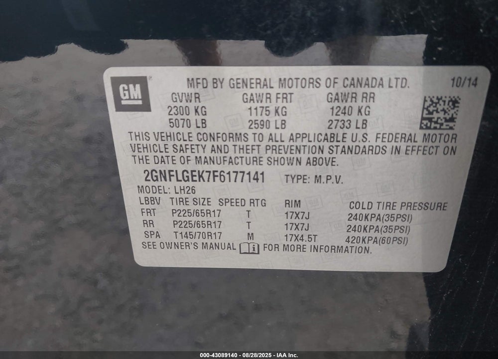 2015 CHEVROLET EQUINOX VIN: 2GNFLGEK7F6177141