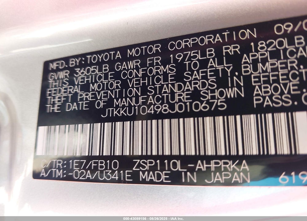 2008 SCION XD VIN: JTKKU10498J010675