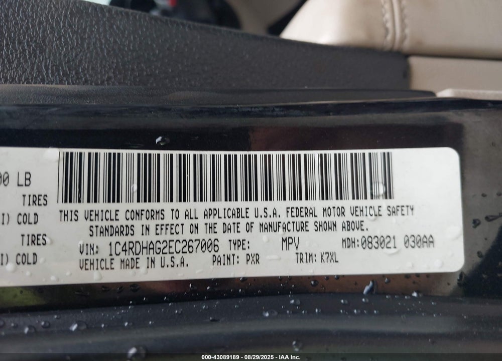 2014 DODGE DURANGO VIN: 1C4RDHAG2EC267006