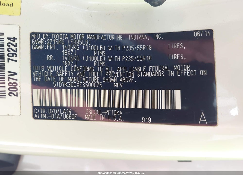 2014 TOYOTA SIENNA VIN: 5TDYK3DCXES500075