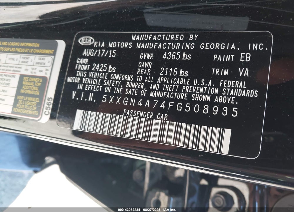 2015 KIA OPTIMA EX VIN: 5XXGN4A74FG508935