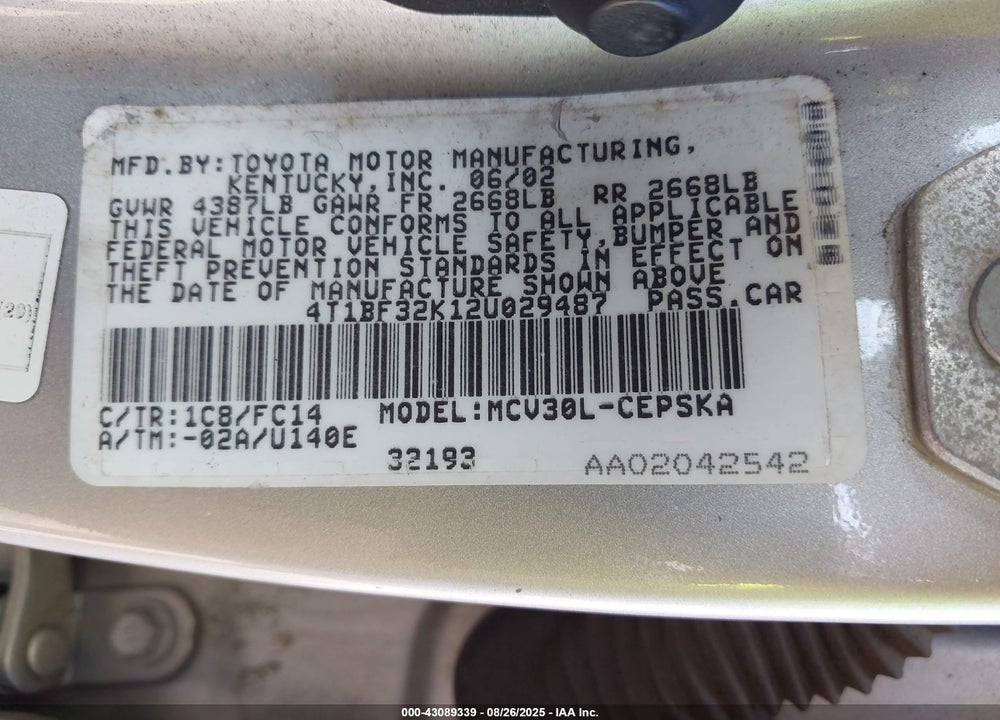 2002 TOYOTA CAMRY SE V6 VIN: 4T1BF32K12U029487