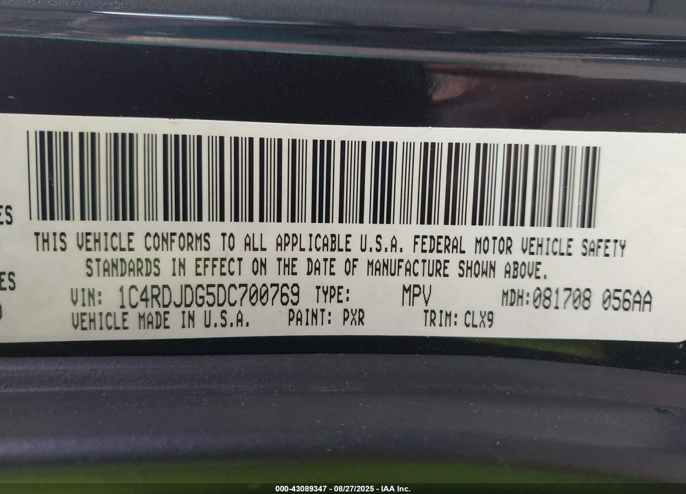 2013 DODGE DURANGO VIN: 1C4RDJDG5DC700769